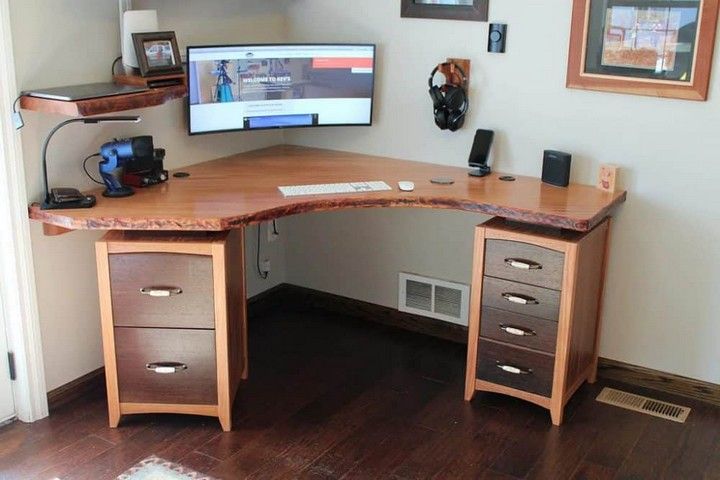 Rugged Wood Corner Desk with Files Cabinets and Shelves