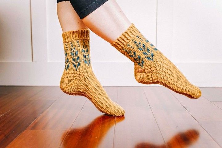 Vine Colorwork Crochet Socks