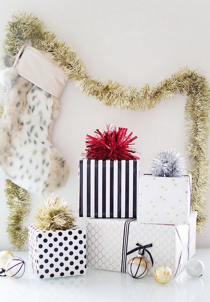 DIY Tinsel Pom Pom Gift Topper