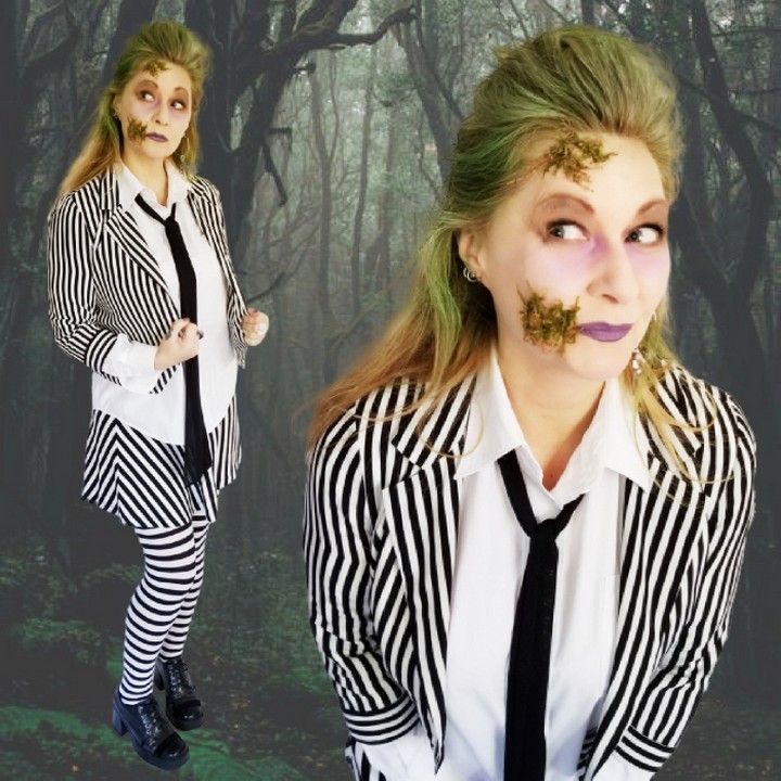 Easy Upcycled DIY Beetlejuice Costume + Make Up Too